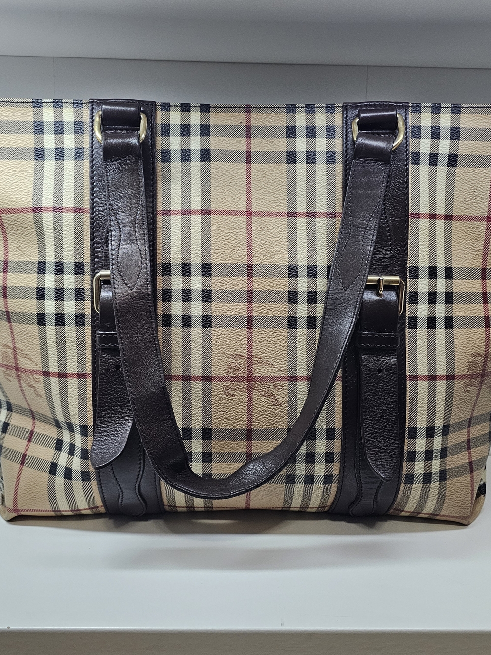 Burberry Classic Plaid Tote with Dark Brown Leather Straps